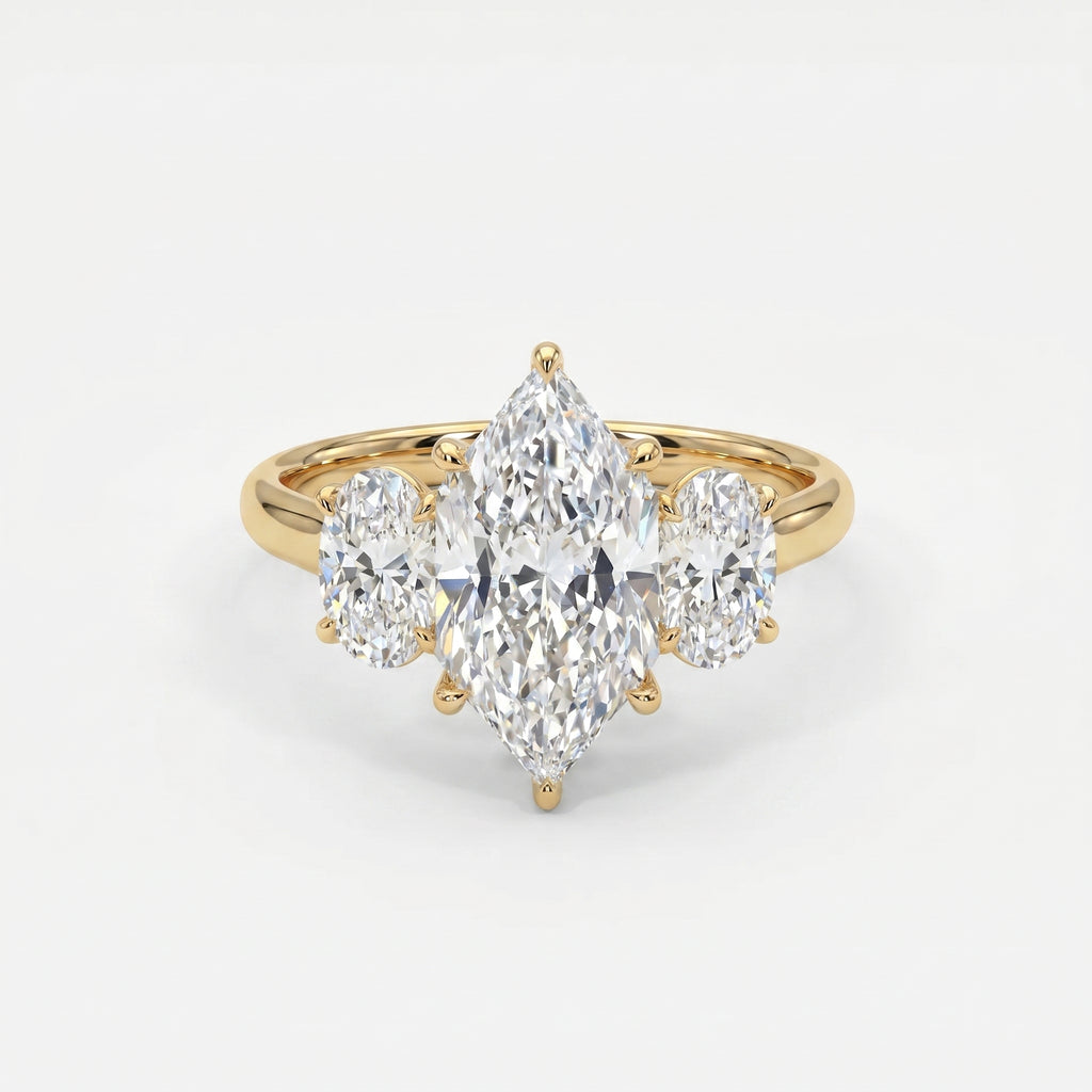 Marquise diamond three-stone engagement ring with oval side diamonds in polished yellow gold setting