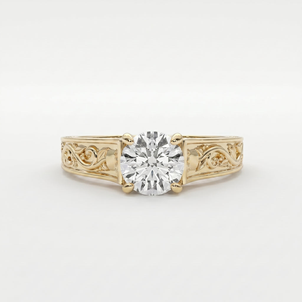 Vintage Floral Engraved Round Cut Diamond Engagement Ring