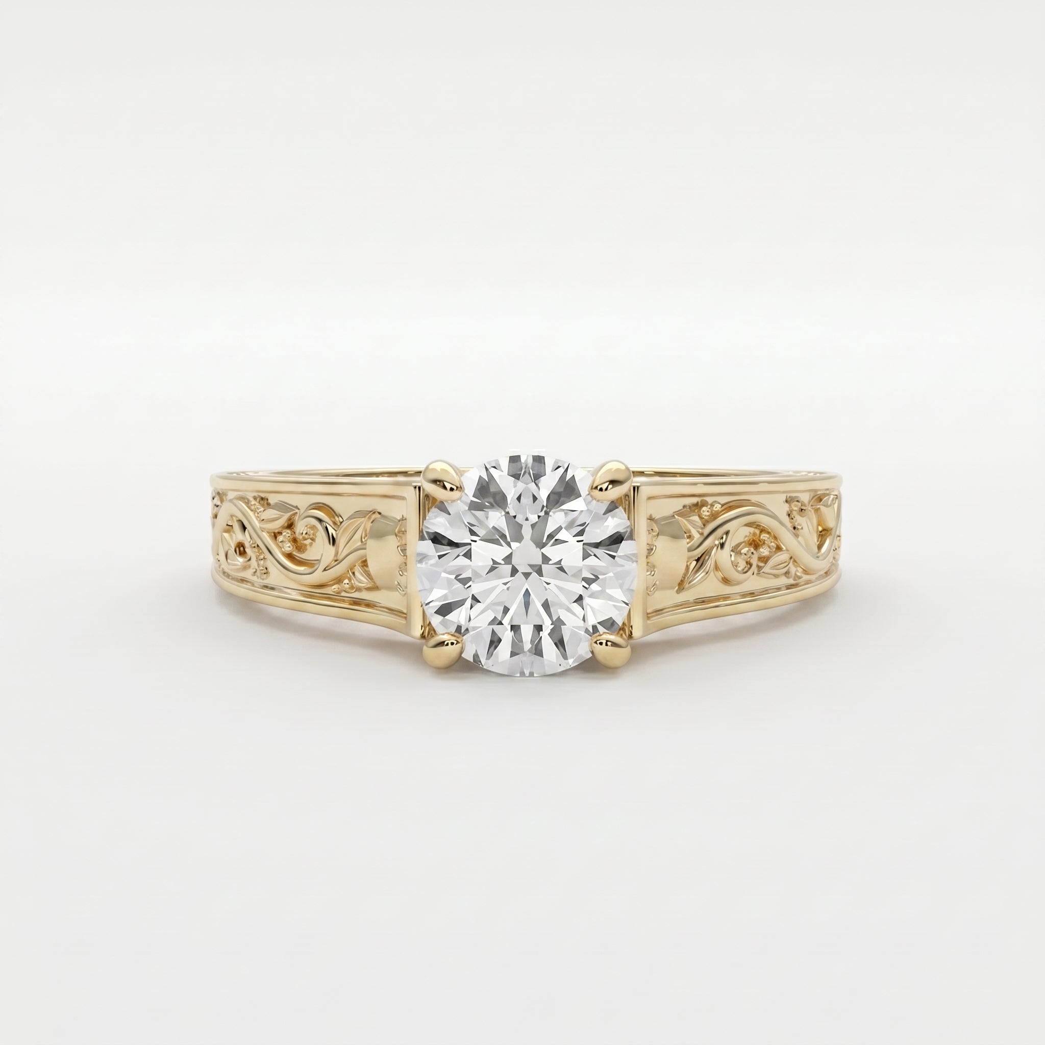 Vintage Floral Engraved Round Cut Diamond Engagement Ring