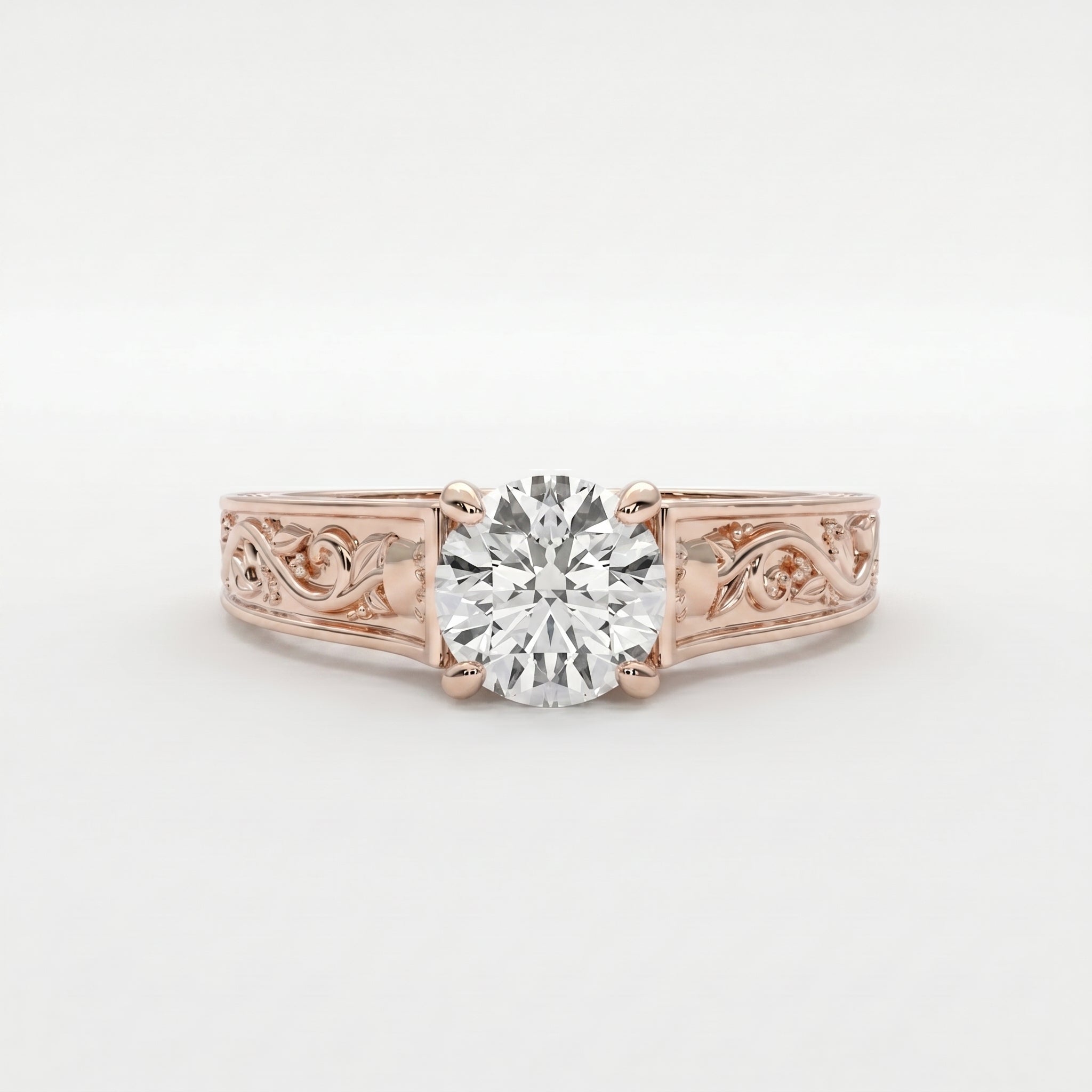 Vintage Floral Engraved Round Cut Diamond Engagement Ring