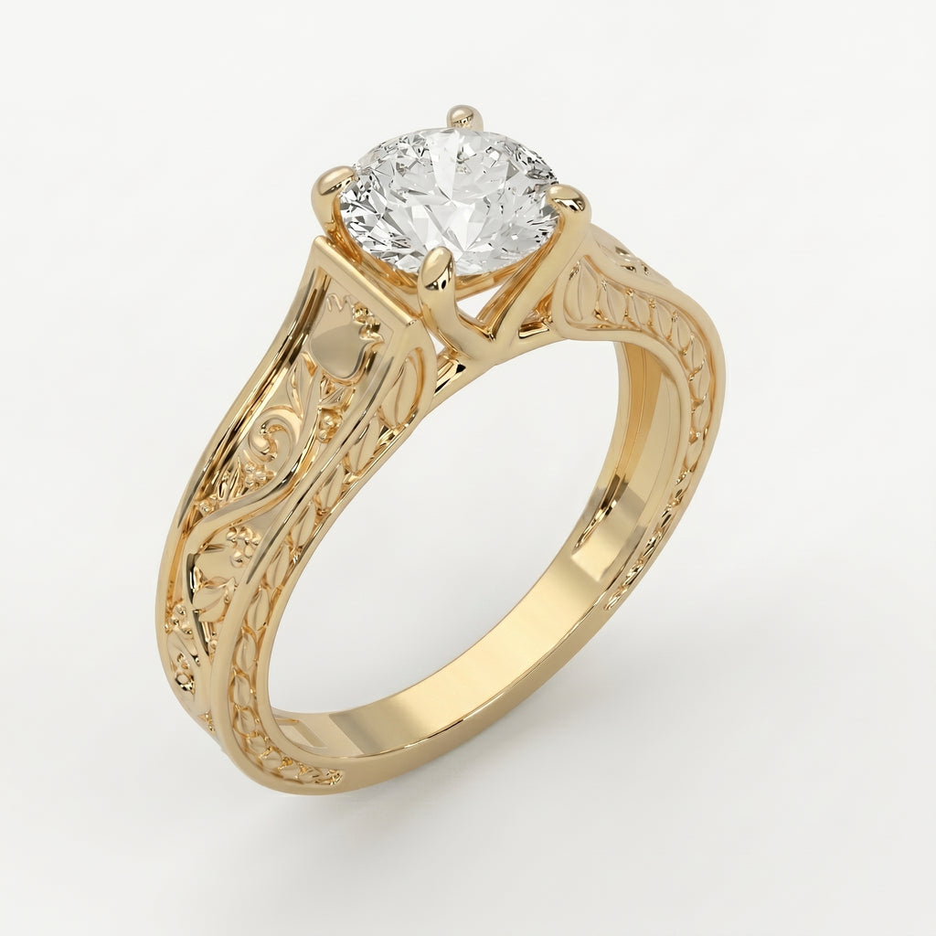 Vintage Floral Engraved Round Cut Diamond Engagement Ring