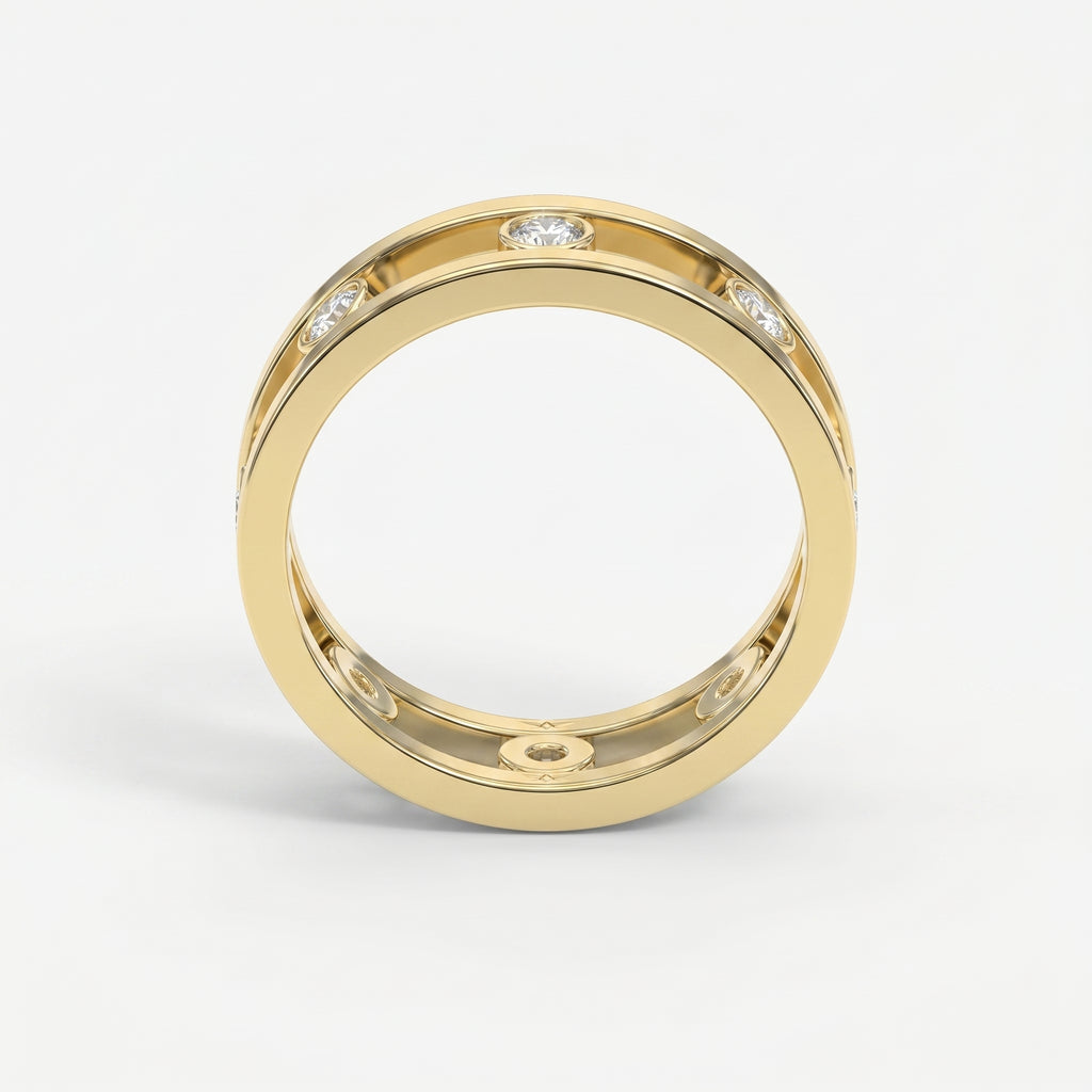 Modern open frame diamond band ring with bezel set diamonds in polished precious metal on white background
