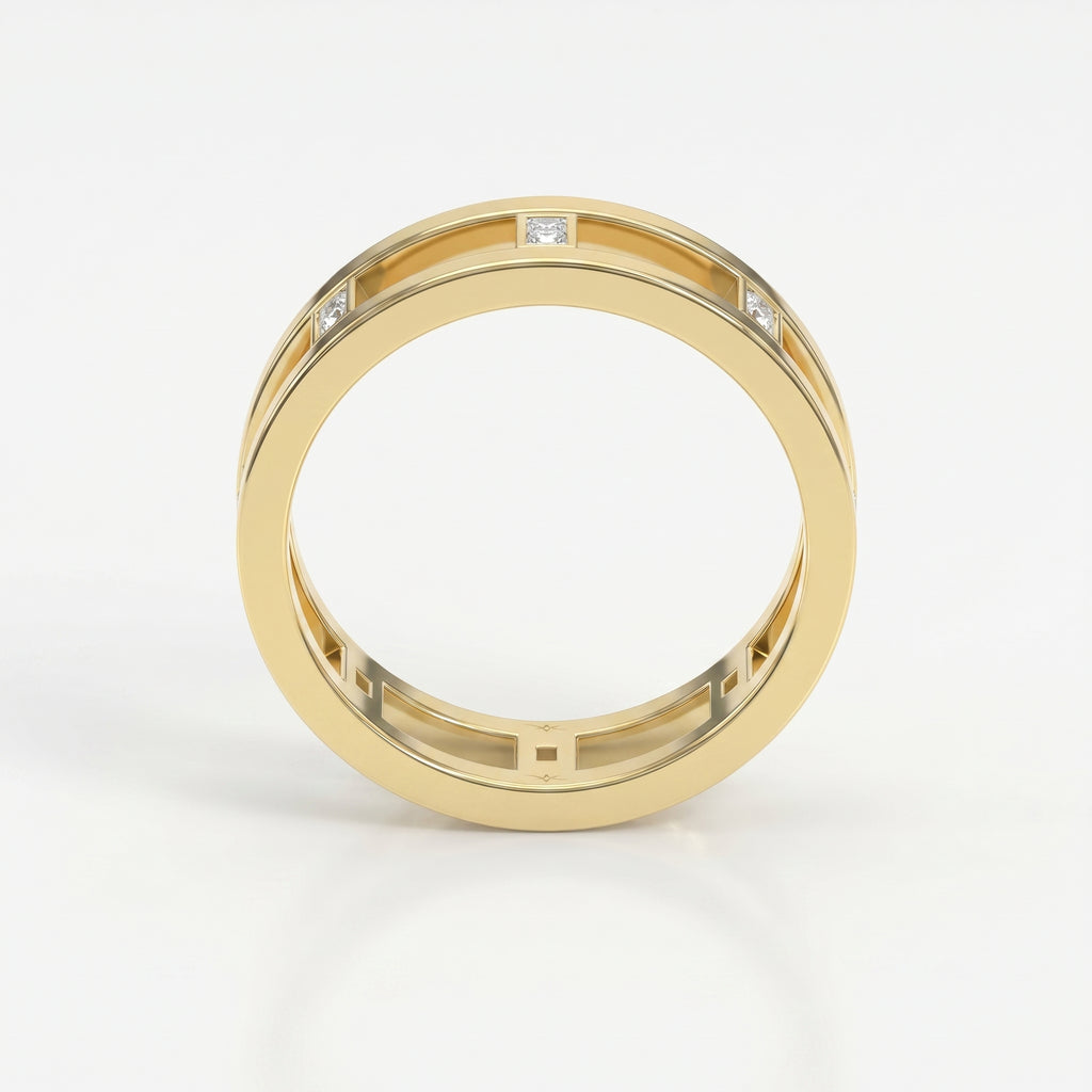 Modern openwork Baguette diamond band ring in polished gold with geometric architecture and premium craftsmanship