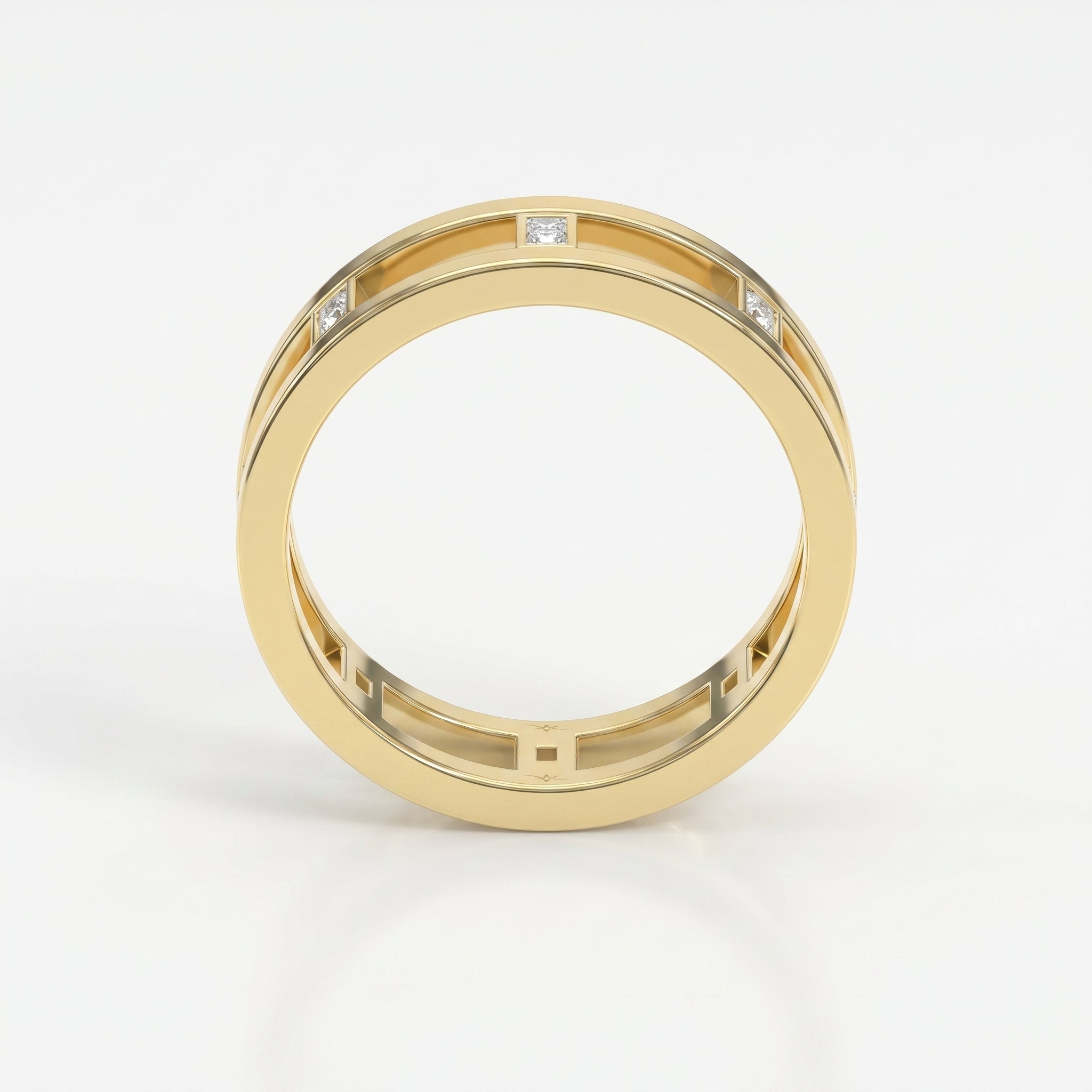Modern openwork Baguette diamond band ring in polished gold with geometric architecture and premium craftsmanship