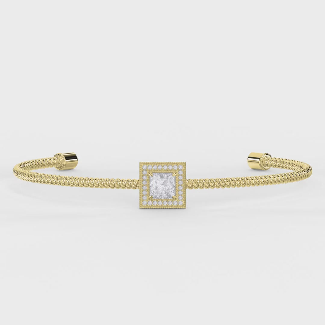 Luxury Cuff Bracelet with Square Halo Centerpiece – Princess Cut Diamond