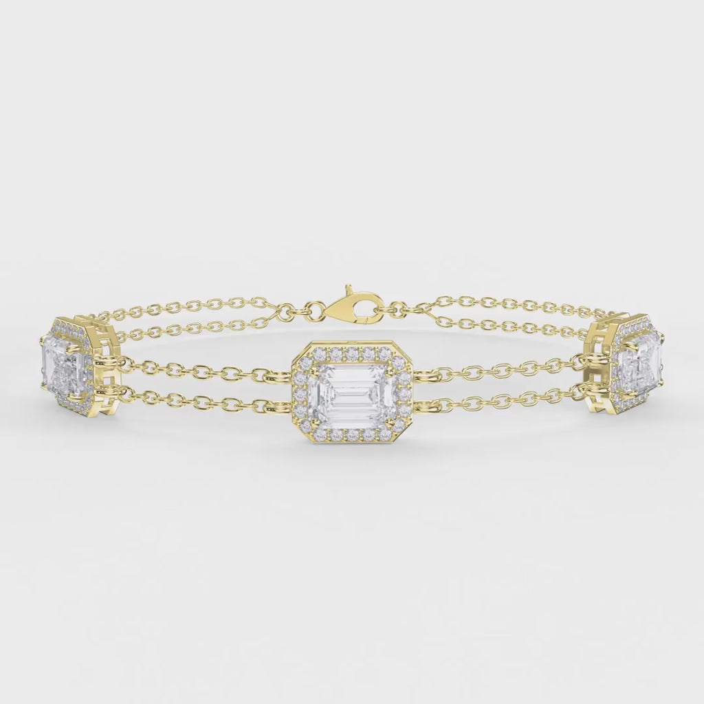 Emerald Cut Diamond Halo Double Chain Statement Design Bracelet