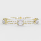 Emerald Cut Diamond Halo Double Chain Statement Design Bracelet