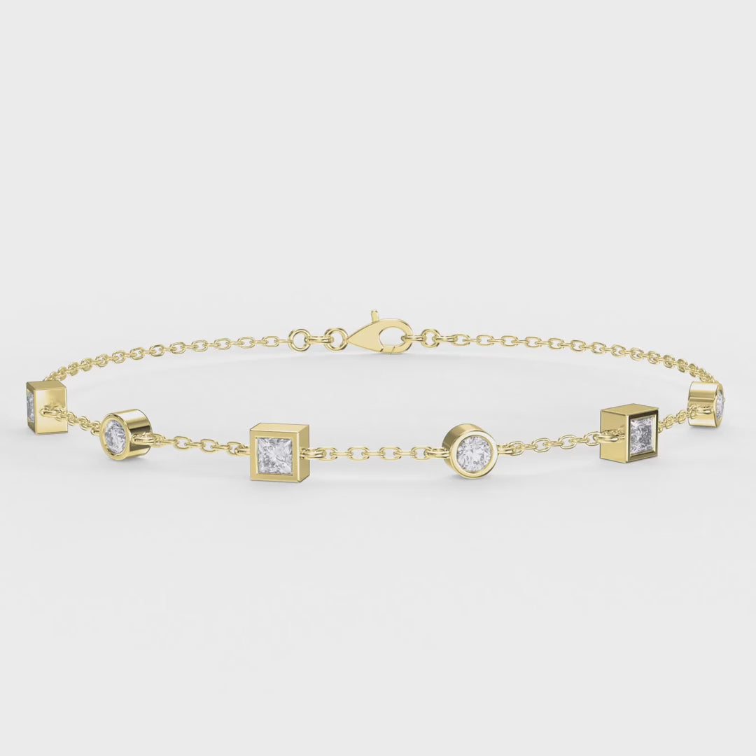 Modern Diamond Station Bracelet with Alternating Round & Princess-Cut Bezel Set Diamonds