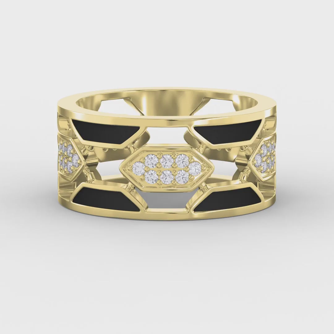 Geometric Cluster Design with Black Enamel Diamond Band
