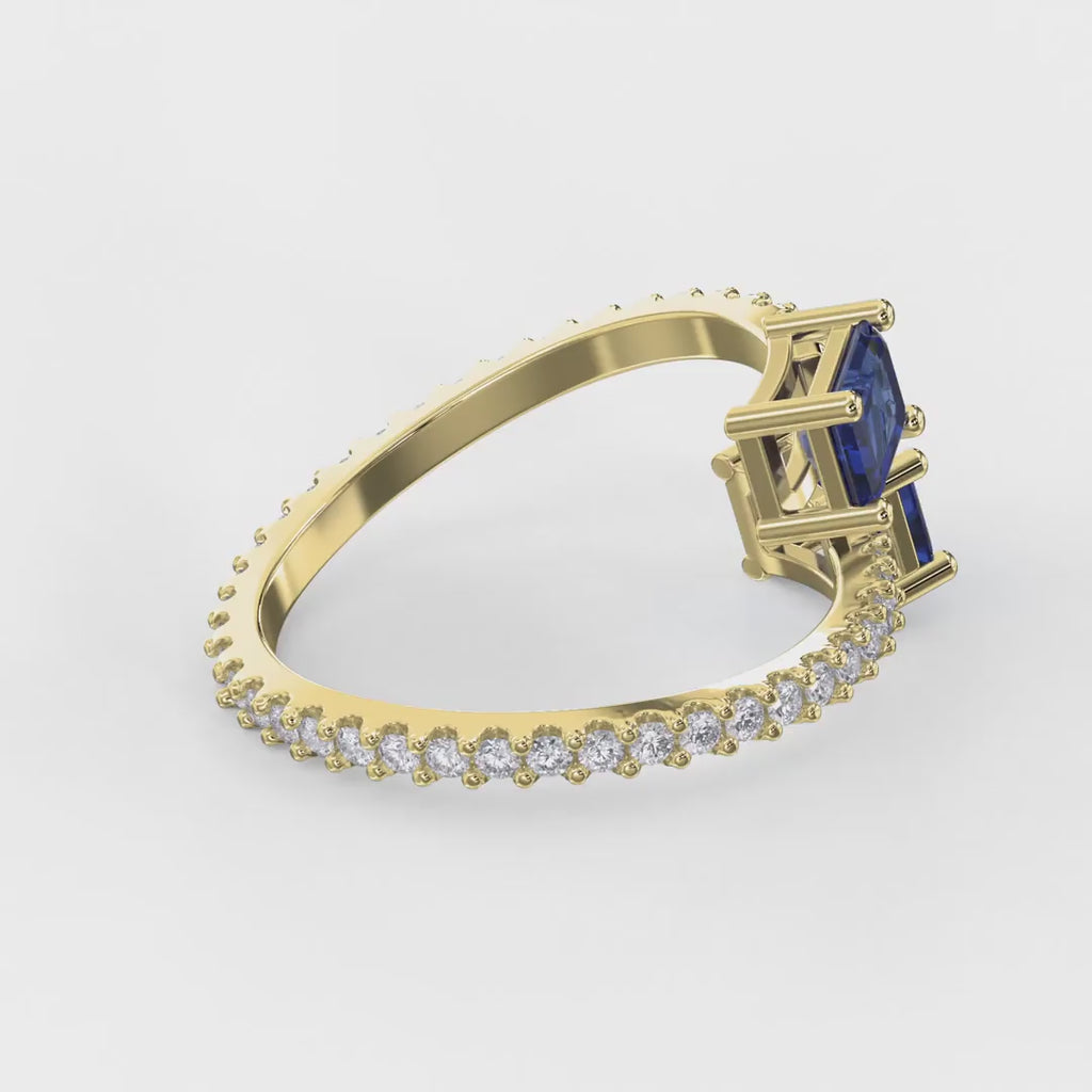 Emerald Cut Blue Sapphire Double Stone Pave Wrap Ring