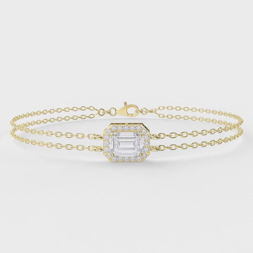 Diamond Bracelet Chain with Emerald Cut Halo Center – Double Chain Elegant Design