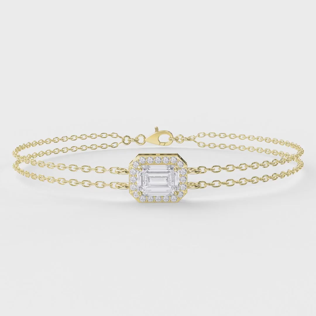 Diamond Bracelet Chain with Emerald Cut Halo Center – Double Chain Elegant Design