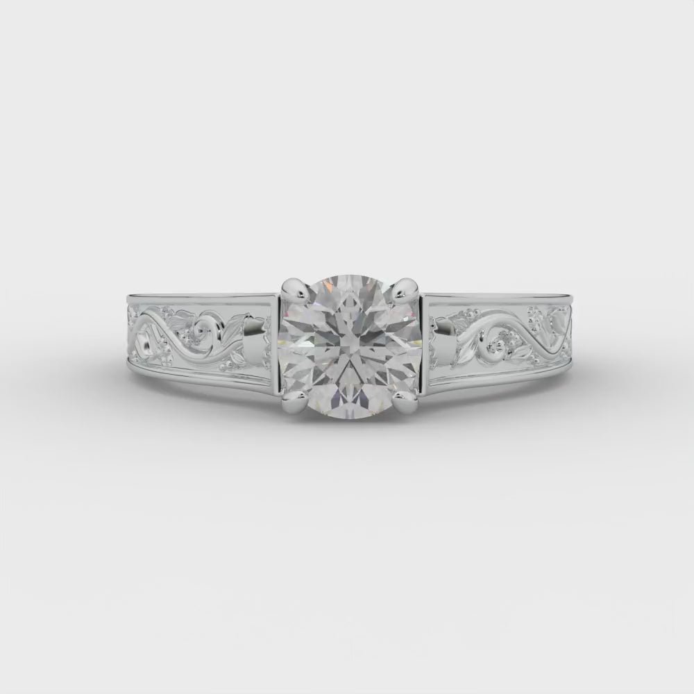 Vintage Floral Engraved Round Cut Diamond Engagement Ring