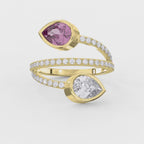 Elegant Wrap Style Dual Pear Shape Diamond Ring with Pink Gemstone