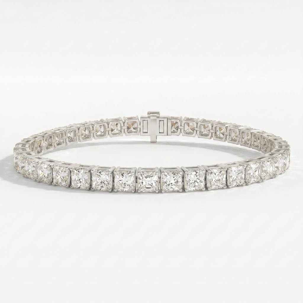 Top-down view of princess-cut diamond tennis bracelet displaying full design and gemstone alignment