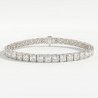 Top-down view of princess-cut diamond tennis bracelet displaying full design and gemstone alignment