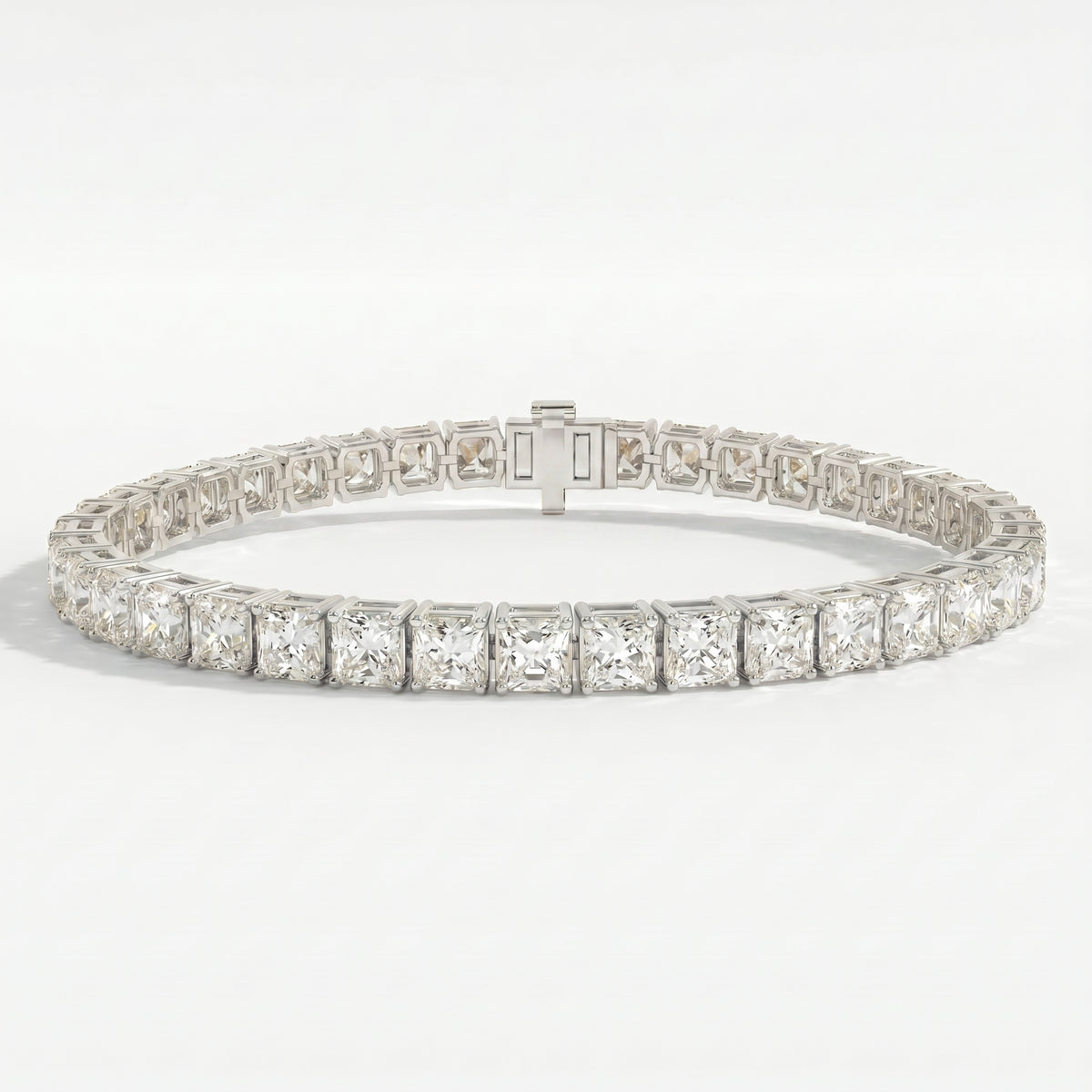 Top-down view of princess-cut diamond tennis bracelet displaying full design and gemstone alignment