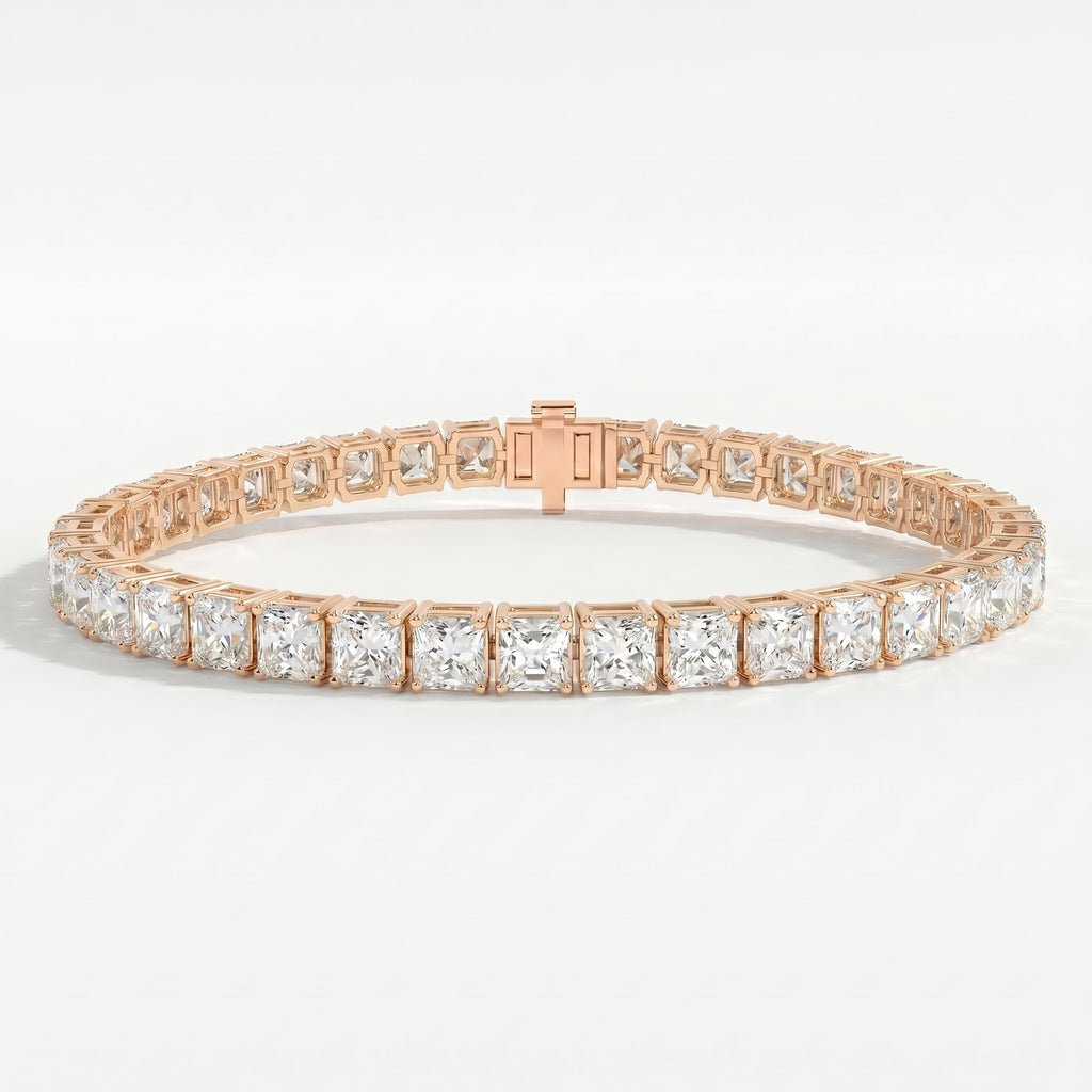 Luxury princess-cut tennis bracelet shown at a 45-degree angle highlighting sparkle and craftsmanship