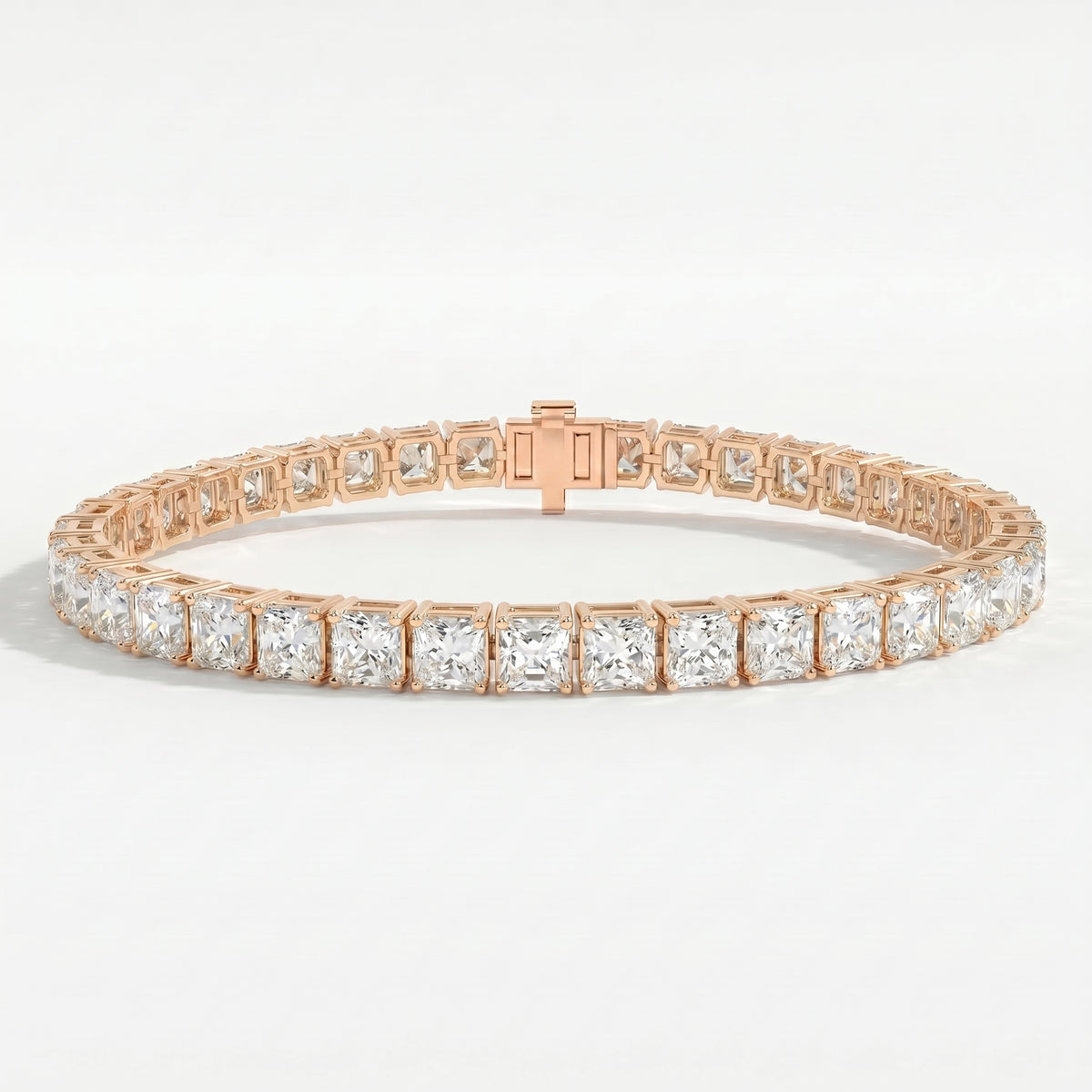 Luxury princess-cut tennis bracelet shown at a 45-degree angle highlighting sparkle and craftsmanship
