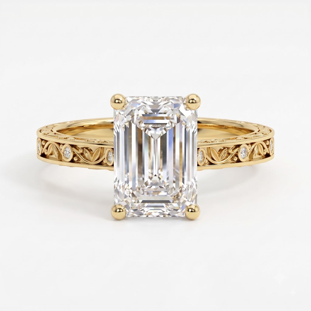 Botanical Motif Emerald-Cut Diamond Vintage Ring