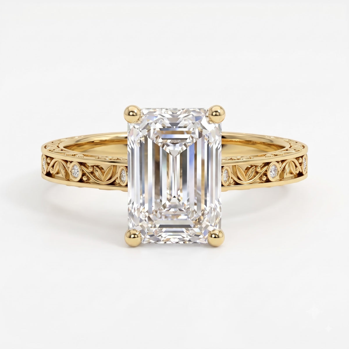 Botanical Motif Emerald-Cut Diamond Vintage Ring
