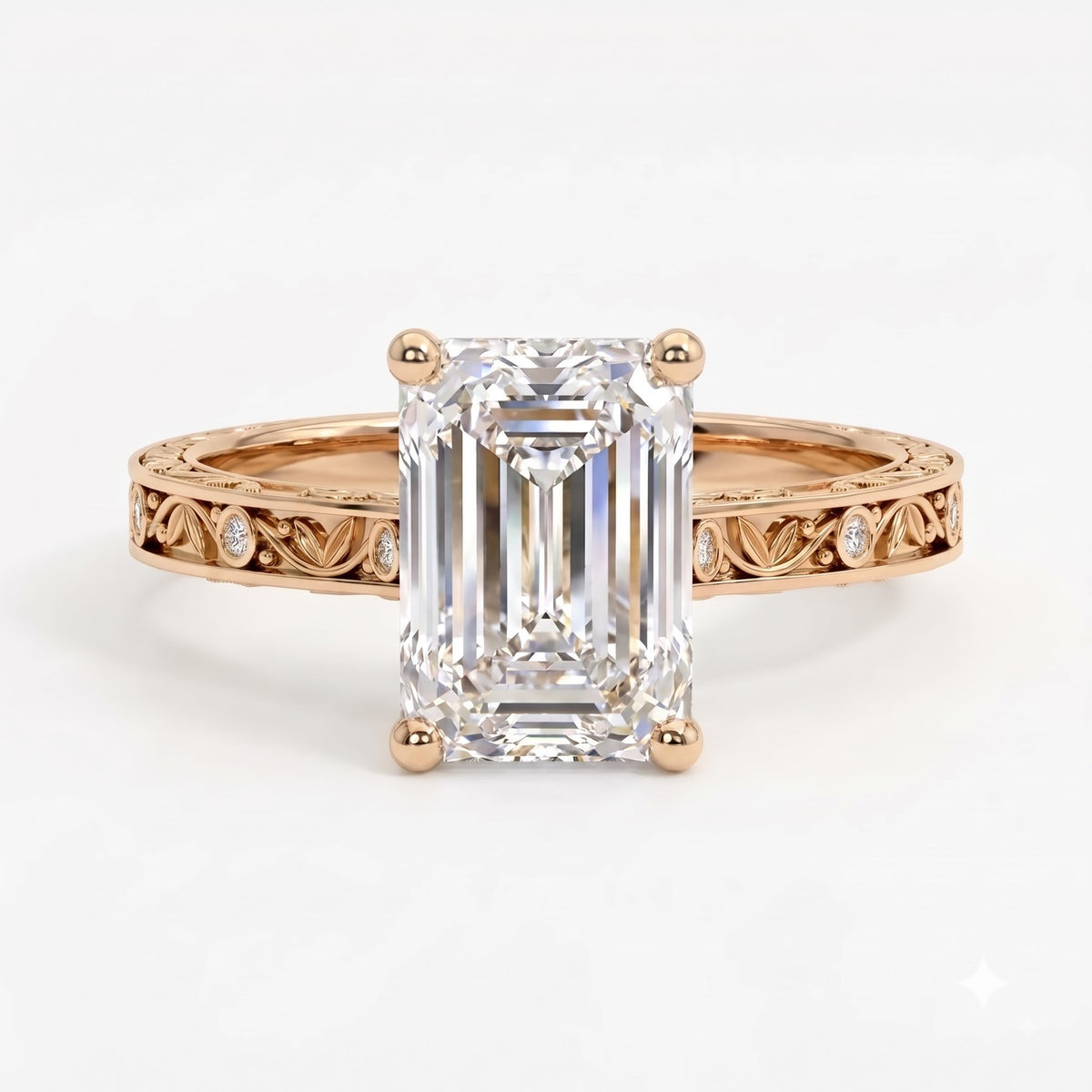 Botanical Motif Emerald-Cut Diamond Vintage Ring