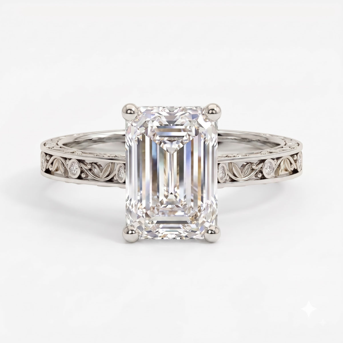 Botanical Motif Emerald-Cut Diamond Vintage Ring