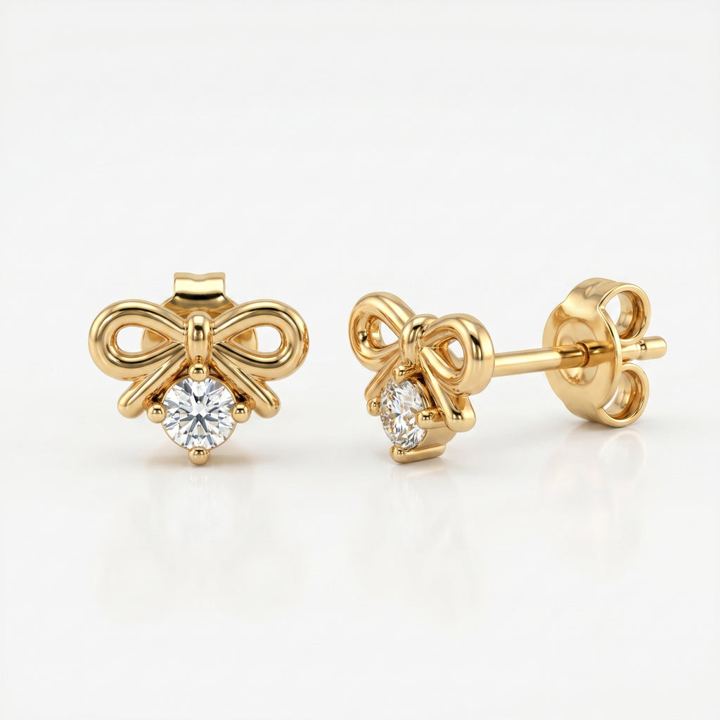 Woman wearing minimalist rose gold bow earrings with sparkling crystal in elegant everyday styling
