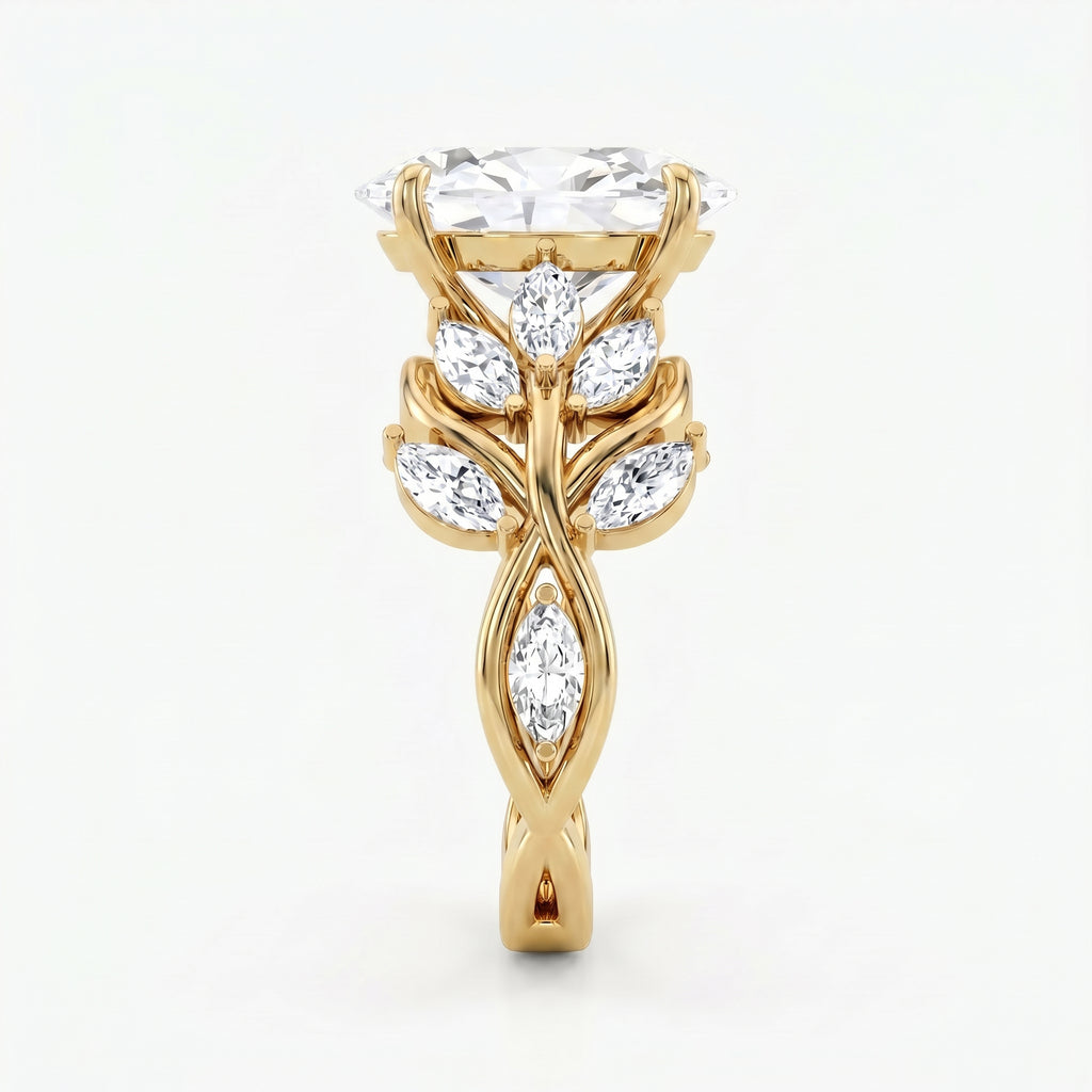 Oval Diamond Engagement Ring Nature Inspired Marquise Leaf Side Stone Ring
