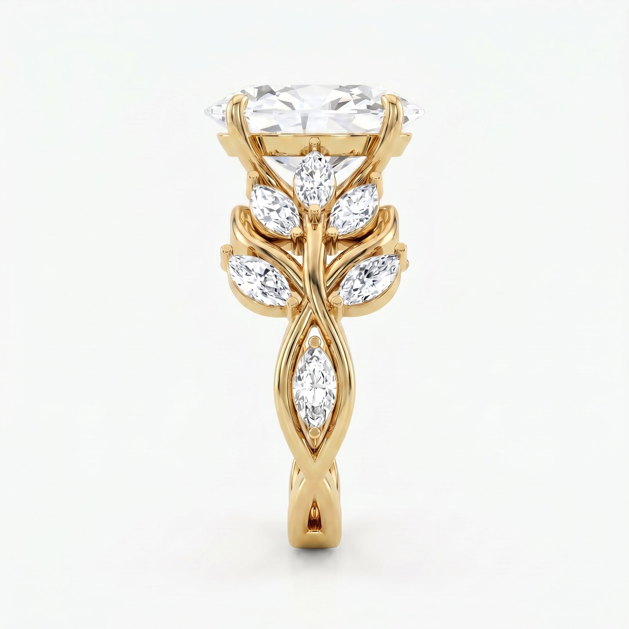Oval Diamond Engagement Ring Nature Inspired Marquise Leaf Side Stone Ring