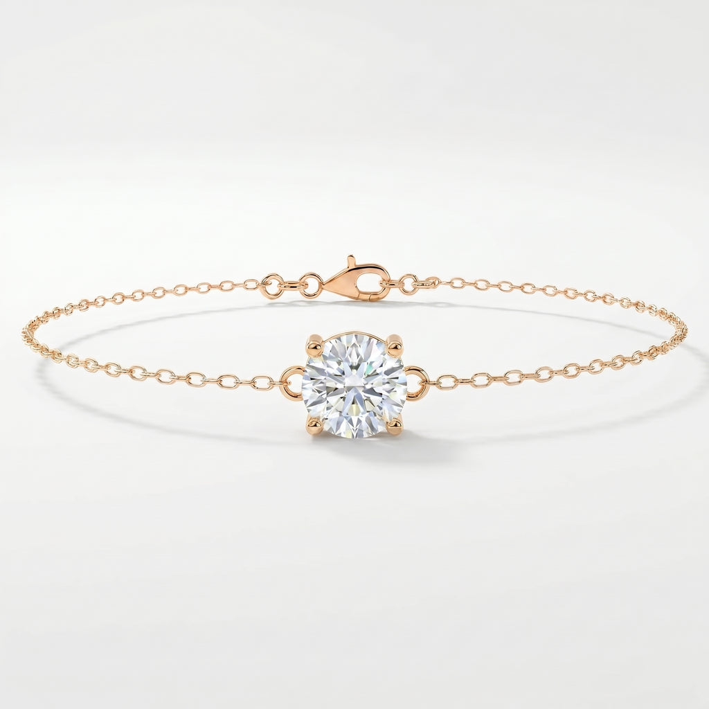Minimalist rose gold solitaire bracelet with round brilliant gemstone on delicate fine chain