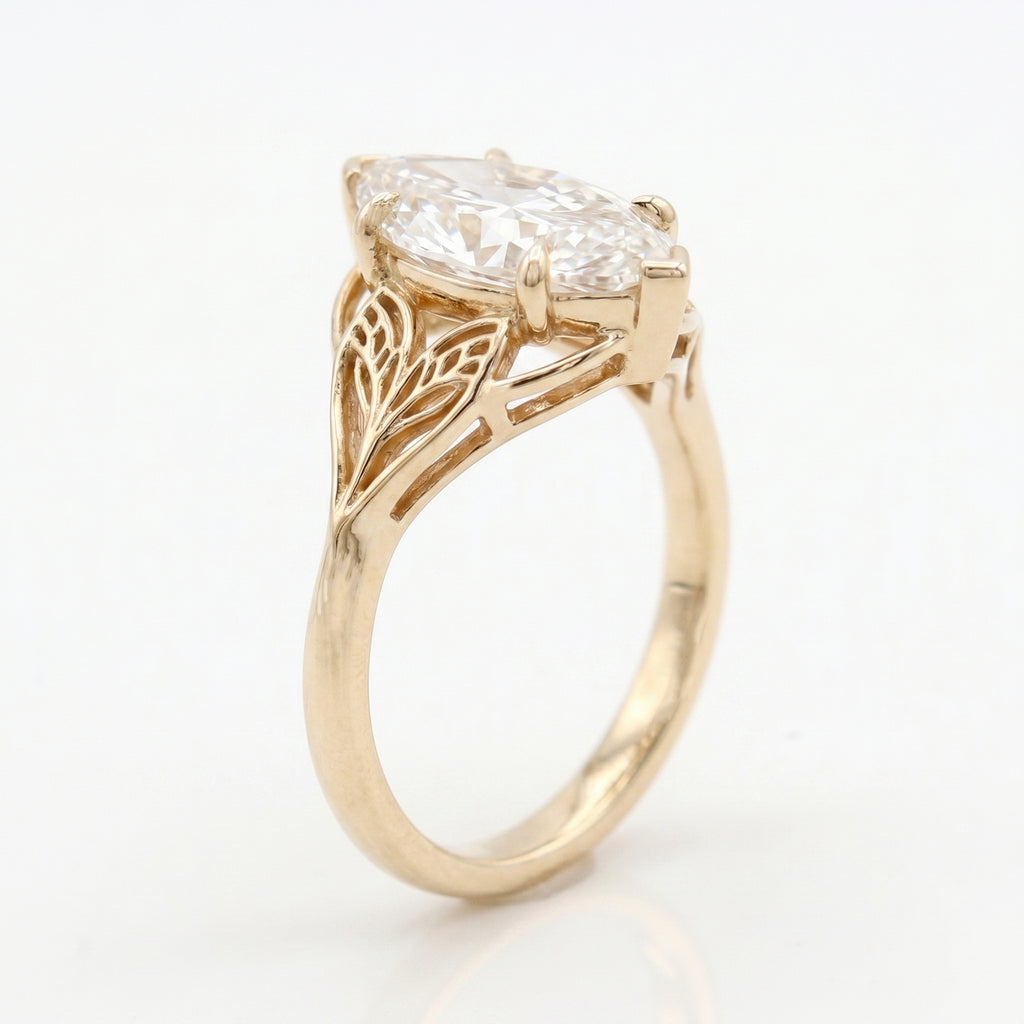 Solitaire Leaf Design Marquise Cut Diamond Engagement Ring