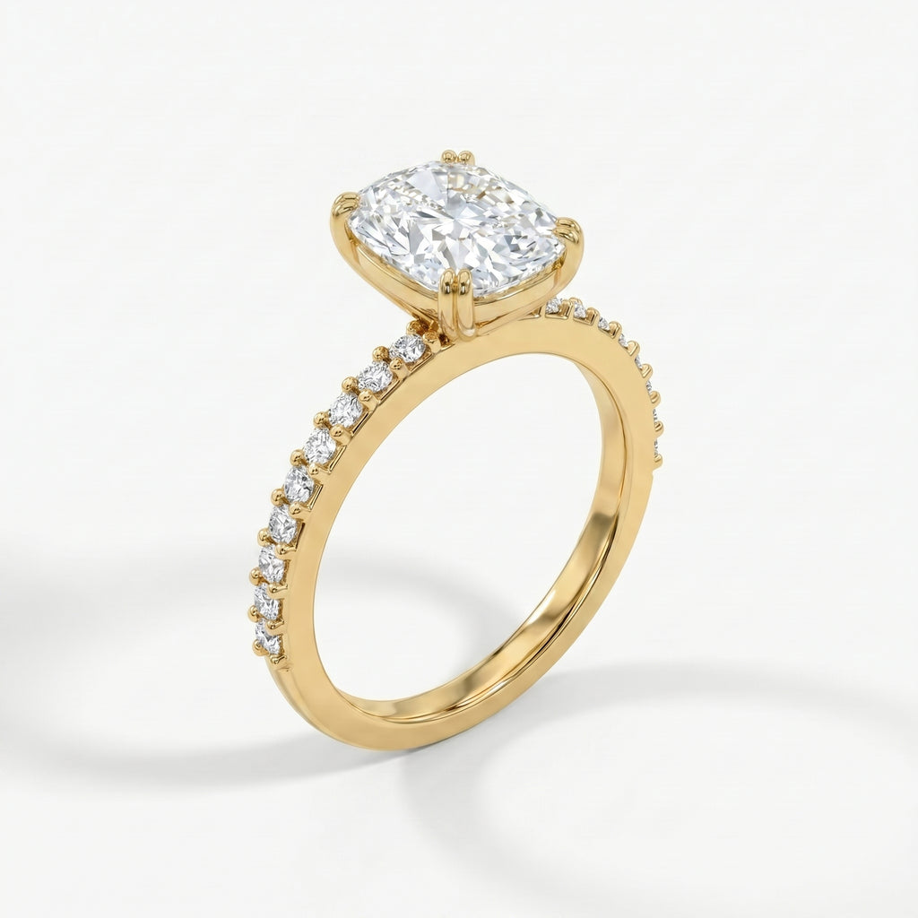 Cushion Cut Diamond  Pave Side Stone Engagement  Ring