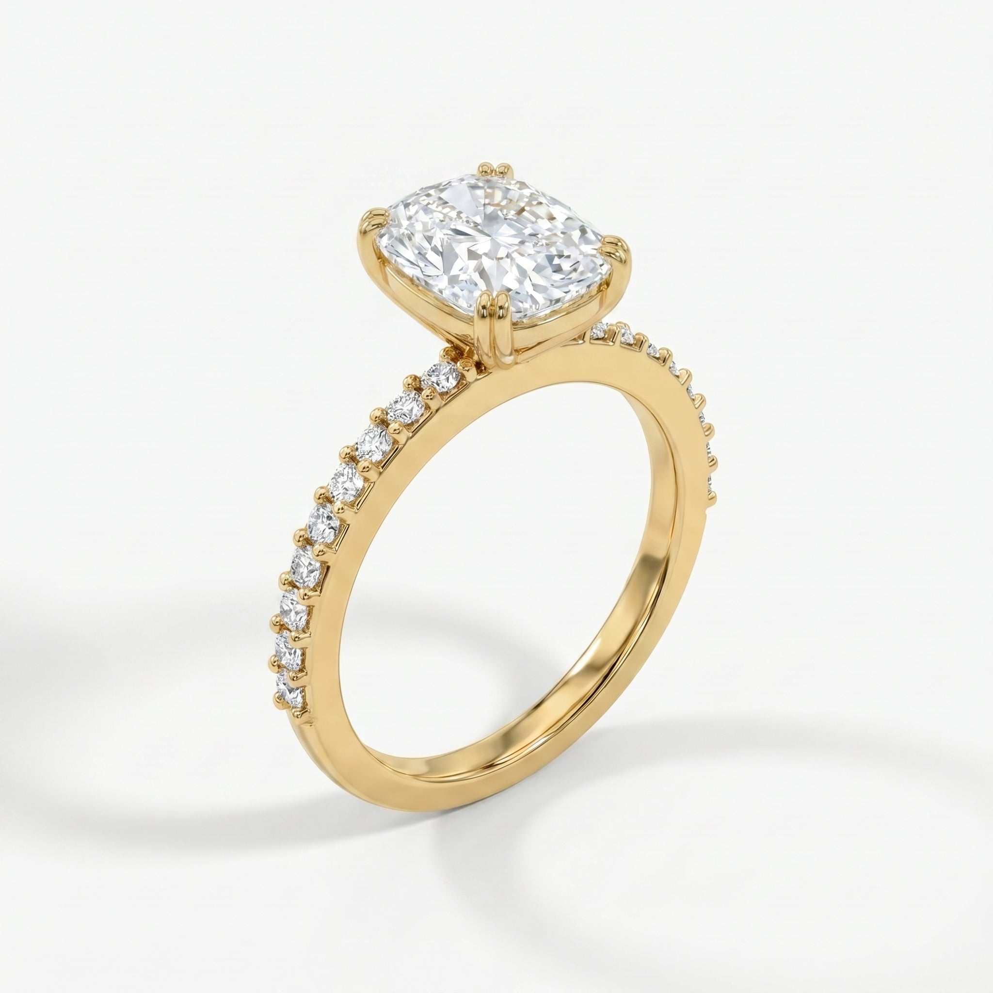 Cushion Cut Diamond  Pave Side Stone Engagement  Ring