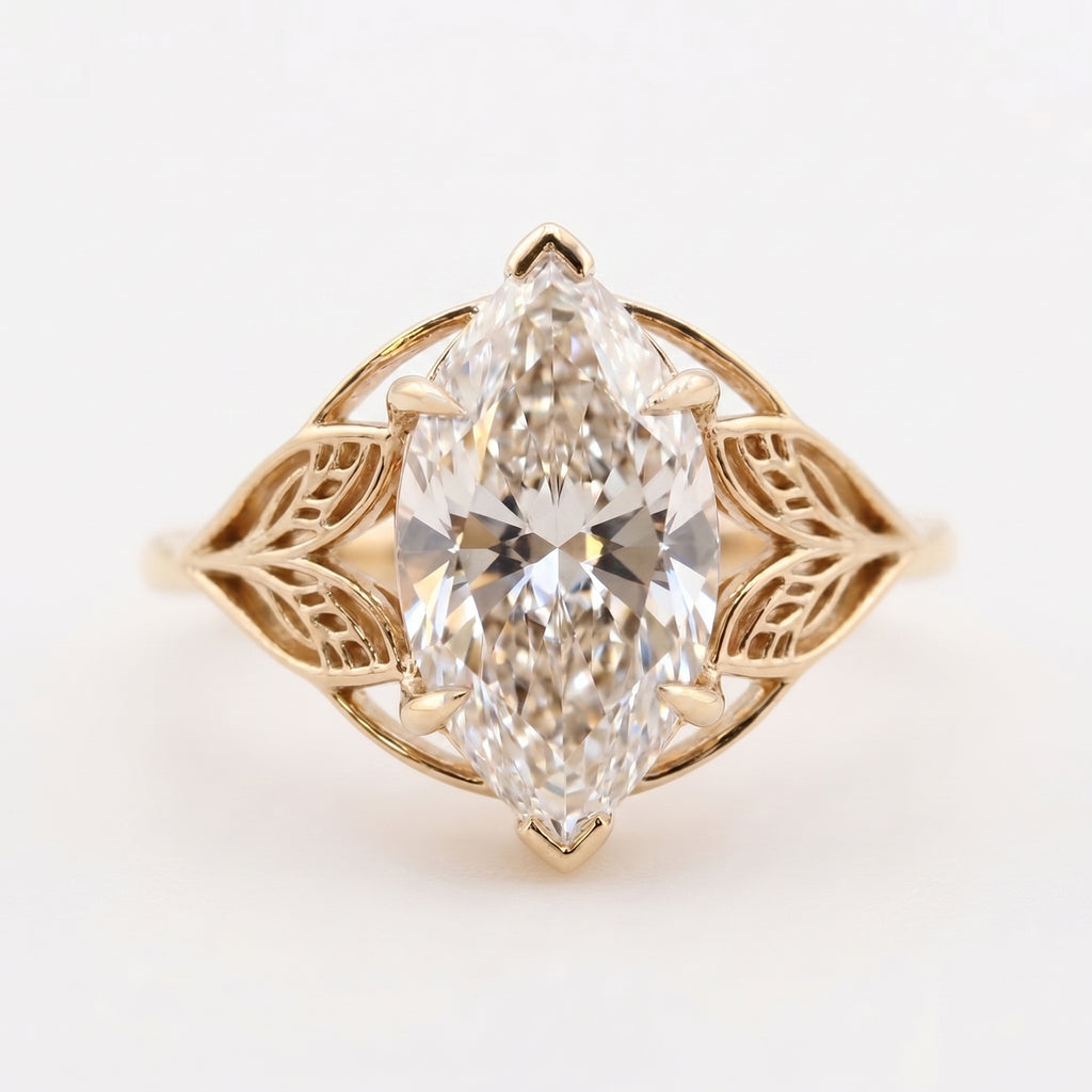 Solitaire Leaf Design Marquise Cut Diamond Engagement Ring