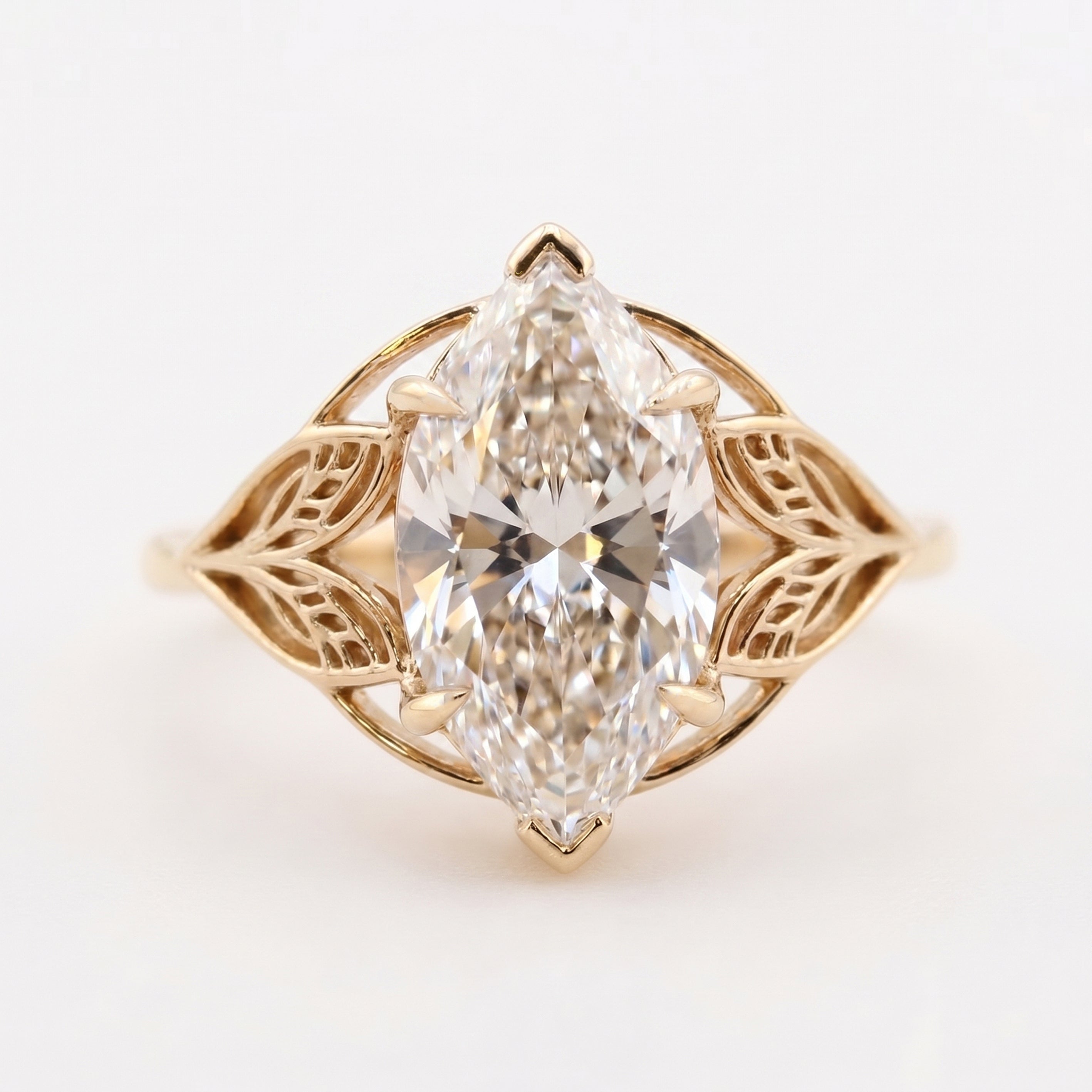 Solitaire Leaf Design Marquise Cut Diamond Engagement Ring
