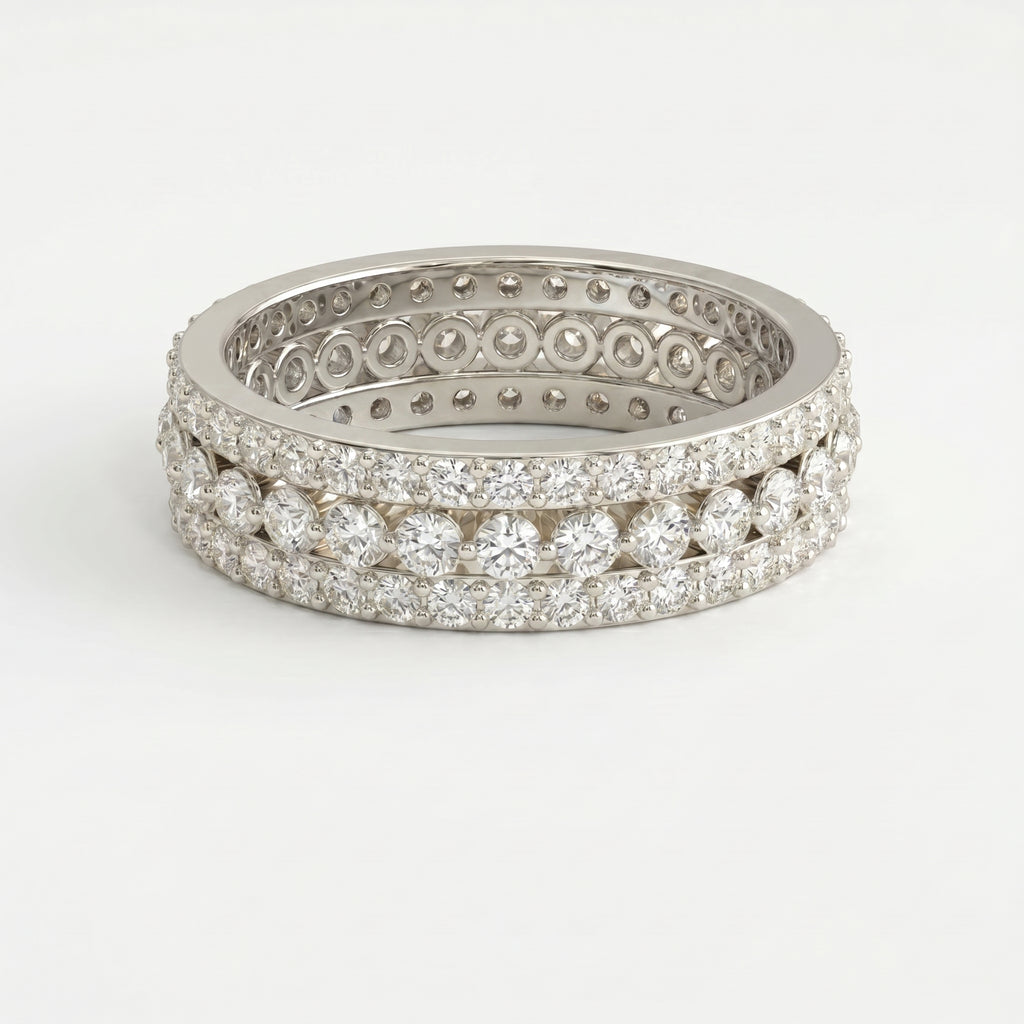 Top view of wide diamond eternity band with continuous pavé diamonds and elegant luxury design