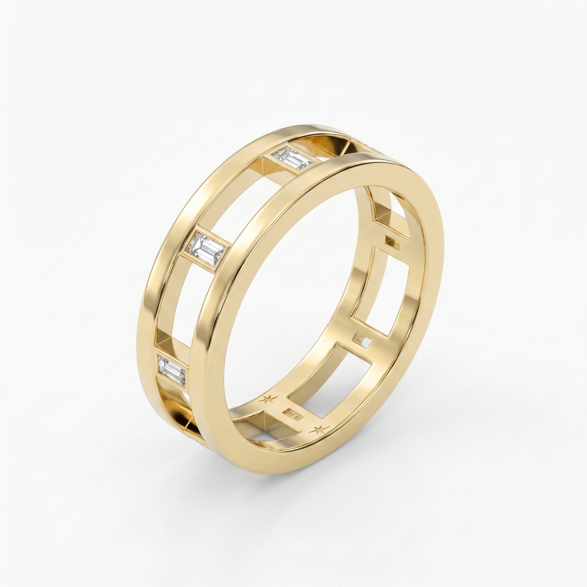 Modern yellow gold geometric ring with Baguette diamonds shown in elegant 45-degree luxury jewelry view.