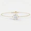 Side profile of oval diamond bracelet showing four-prong yellow gold setting and delicate chain craftsmanship