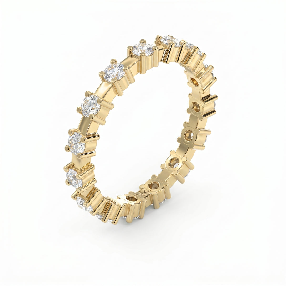 Top view of yellow gold eternity ring featuring round brilliant diamonds around the entire band
