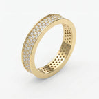 Wide yellow gold eternity ring featuring multiple rows of pavé-set diamonds with polished luxury finish
