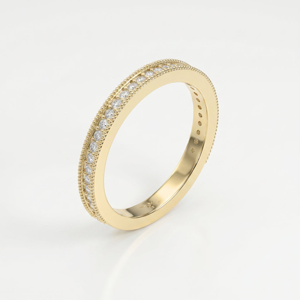 Premium yellow gold eternity ring featuring brilliant diamonds and vintage milgrain edges at a 45 degree angle