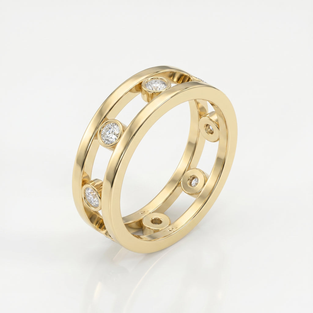 Yellow gold designer diamond ring with floating bezel-set stones shown at 45-degree angle on white background.