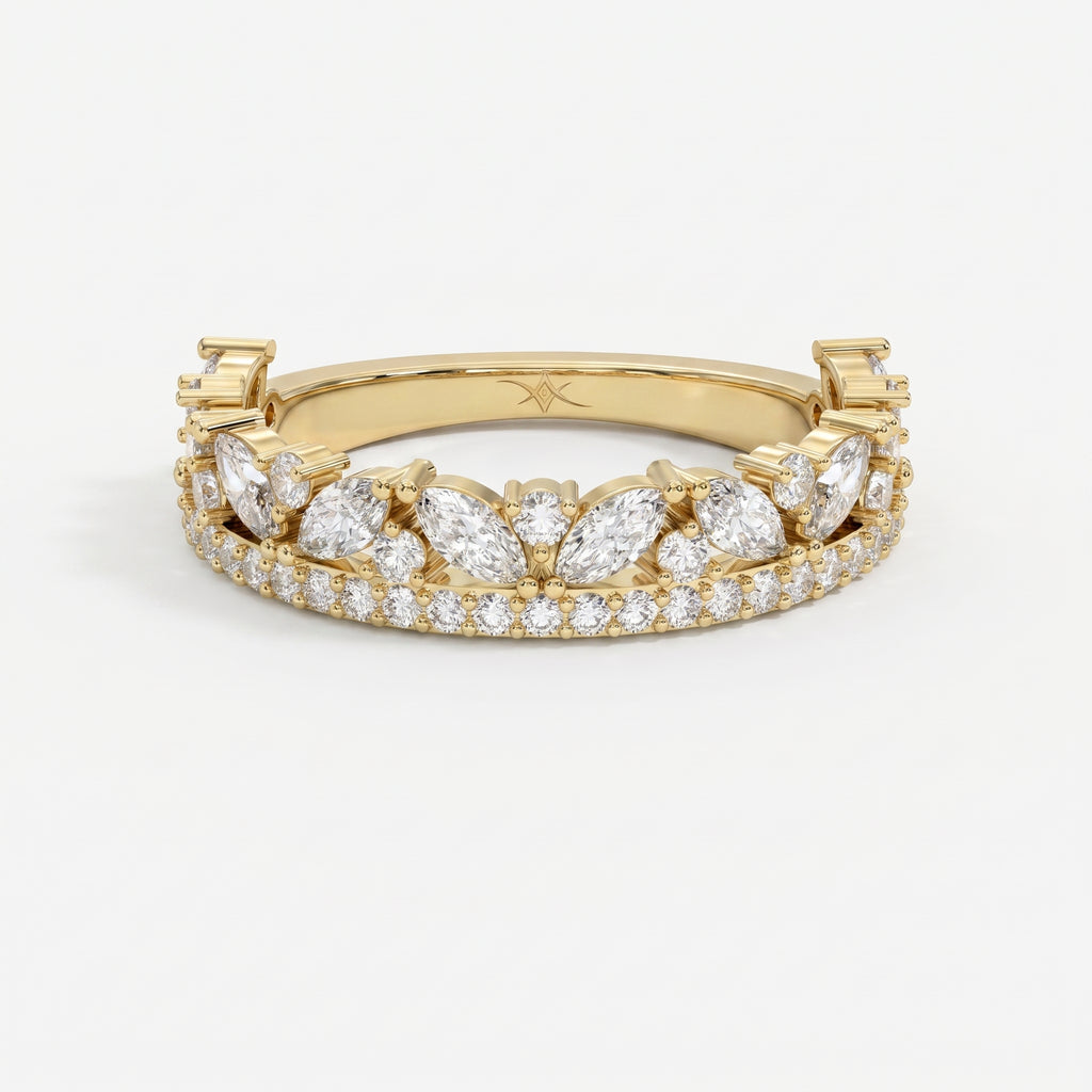 Luxury yellow gold marquise and round diamond wedding band with pavé accents, elegant stacking ring front view