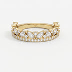 Luxury yellow gold marquise and round diamond wedding band with pavé accents, elegant stacking ring front view