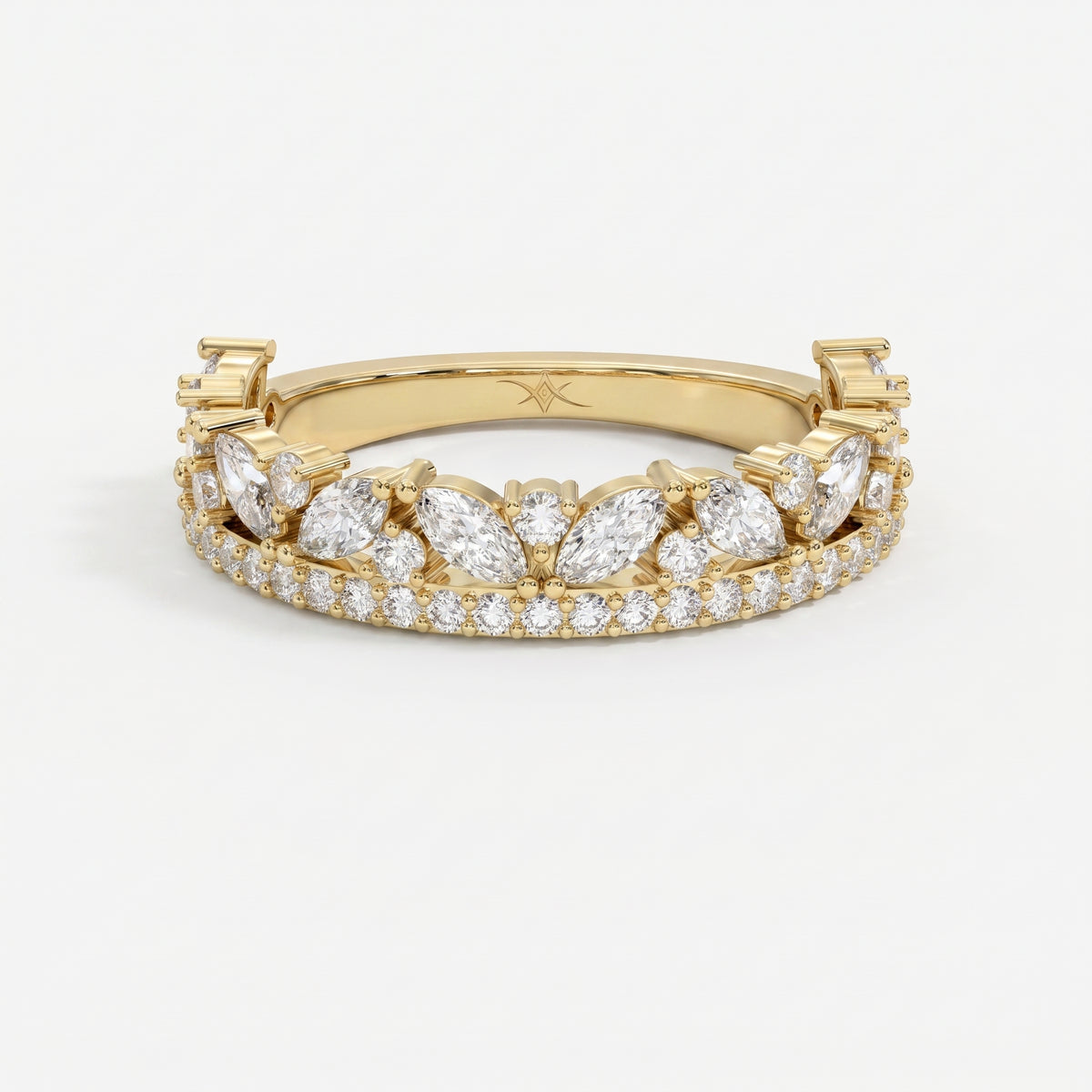 Luxury yellow gold marquise and round diamond wedding band with pavé accents, elegant stacking ring front view