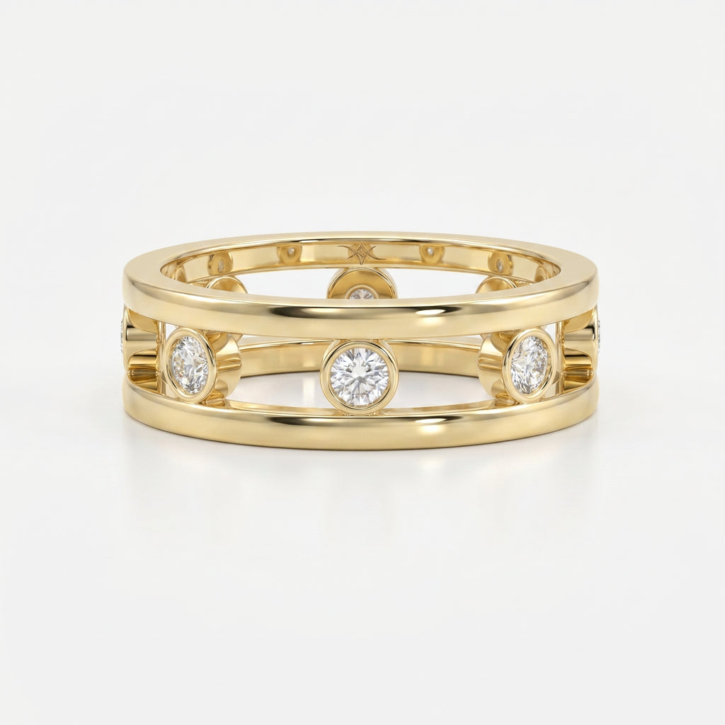 Modern yellow gold open-band diamond ring with bezel-set round diamonds, luxury fine jewelry front view on white background.