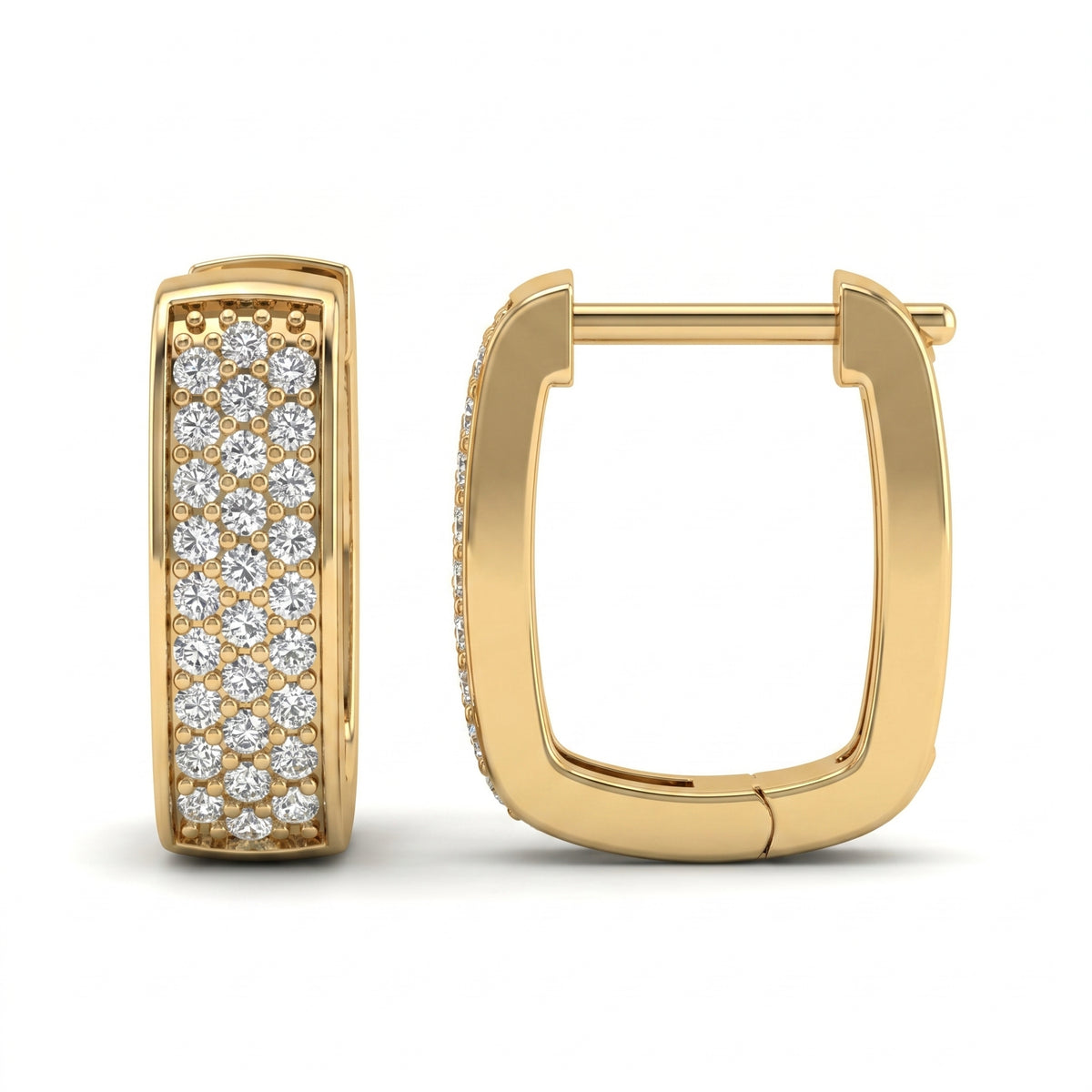 Flat lay of Yellow gold pavé hoop earrings on elegant white luxury jewelry styling background