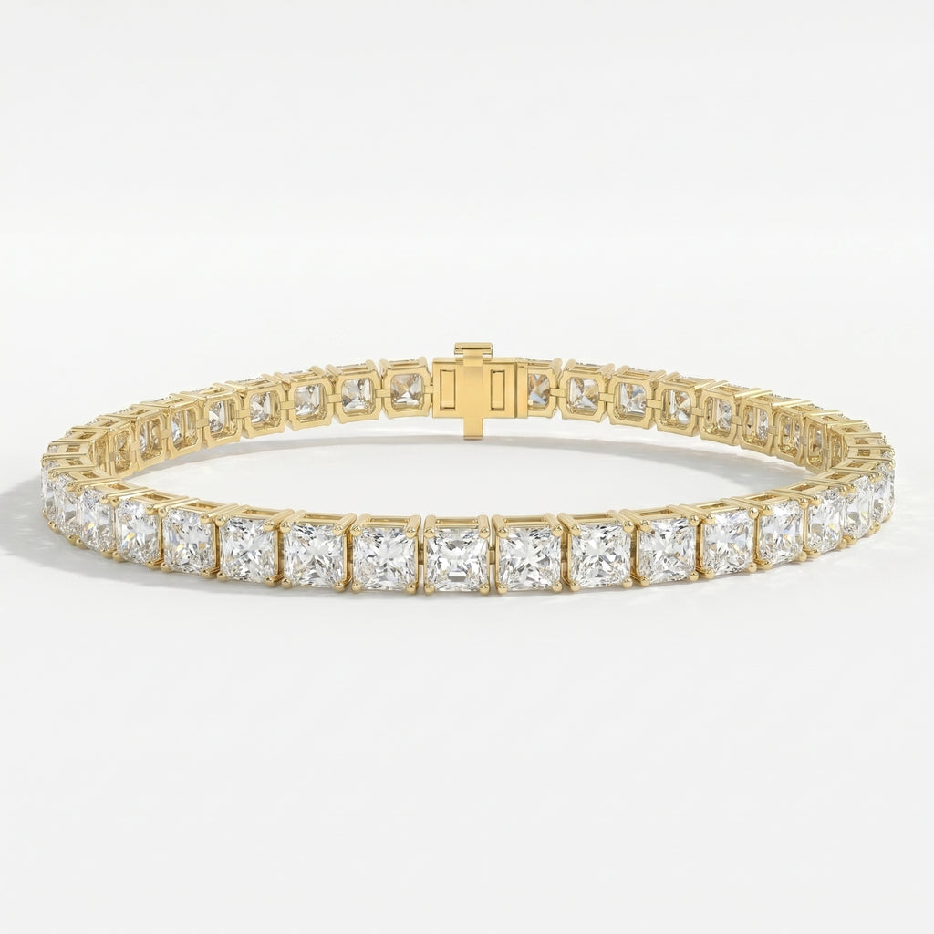 Luxury yellow gold princess cut tennis bracelet with sparkling square diamonds and secure box clasp on white background
