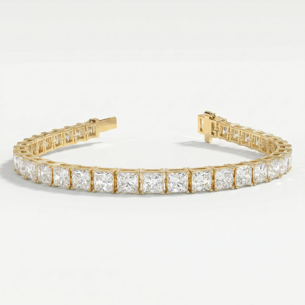 Side profile of yellow gold tennis bracelet displaying secure prong settings and princess cut diamond structure